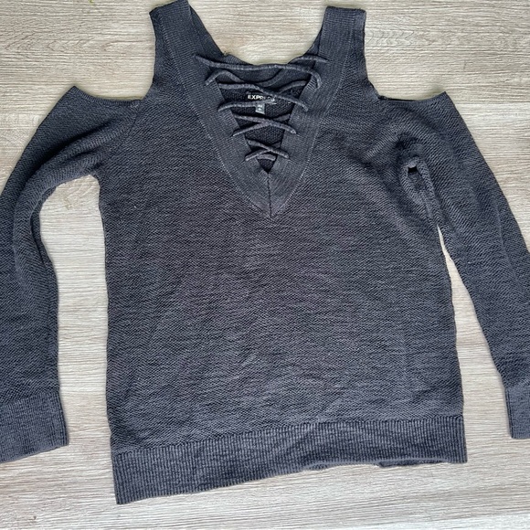 Express Small Black Cold Shoulder Lace Front Sweater - Picture 1 of 4